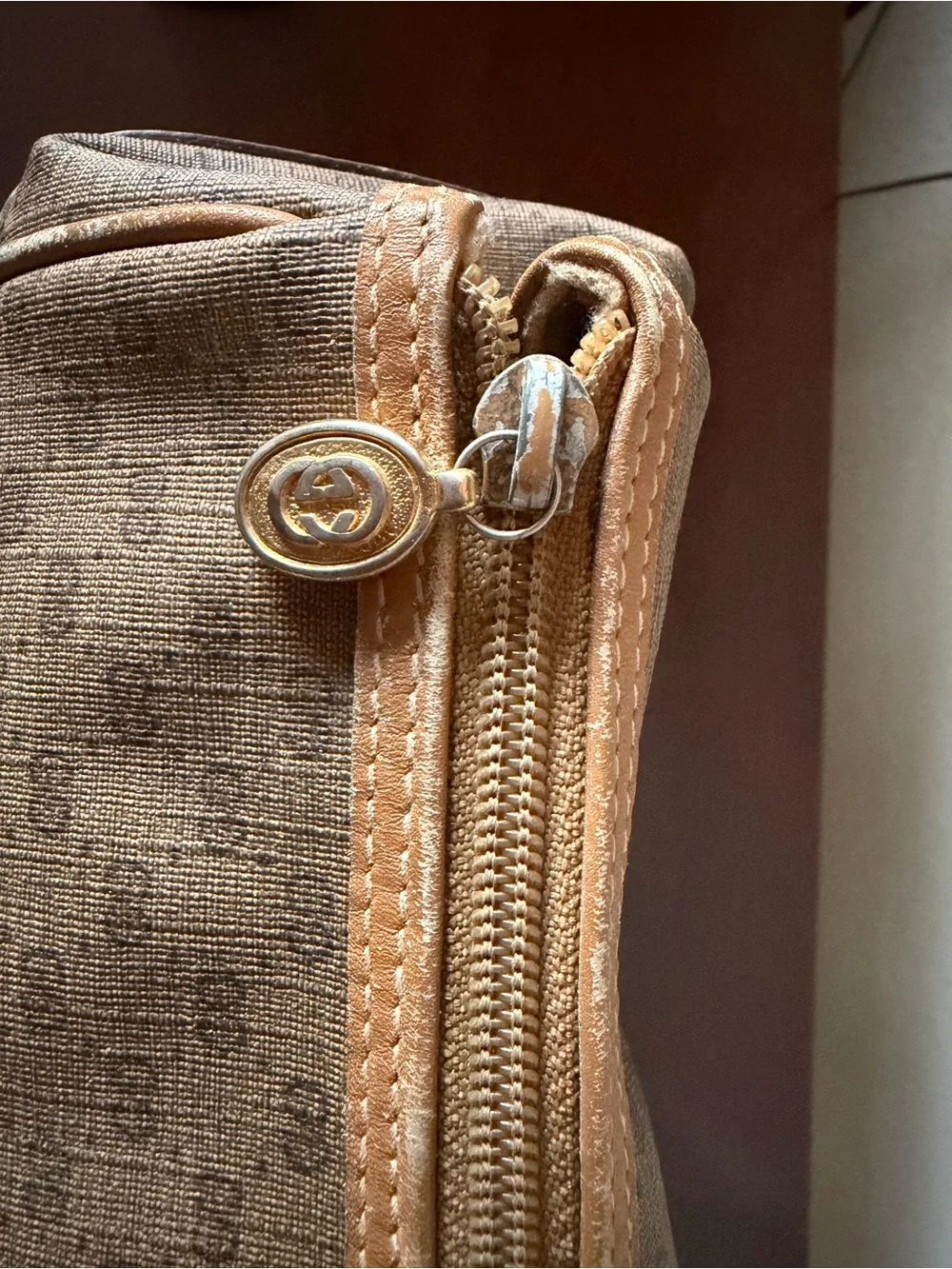 Vintage Gucci Micro GG Supreme Mini Boston Bag. Beige and gold PVC leather